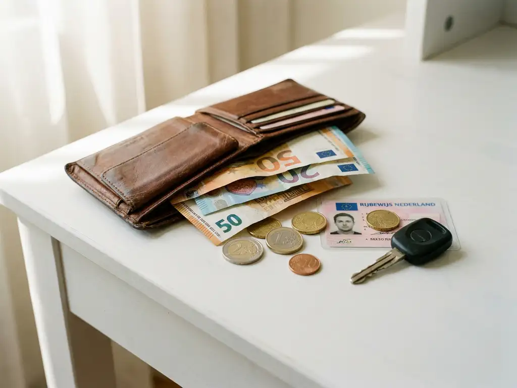 Versleten leren portemonnee met euro's, munten en een Nederlands rijbewijs op een wit bureau, autosleutel ernaast.