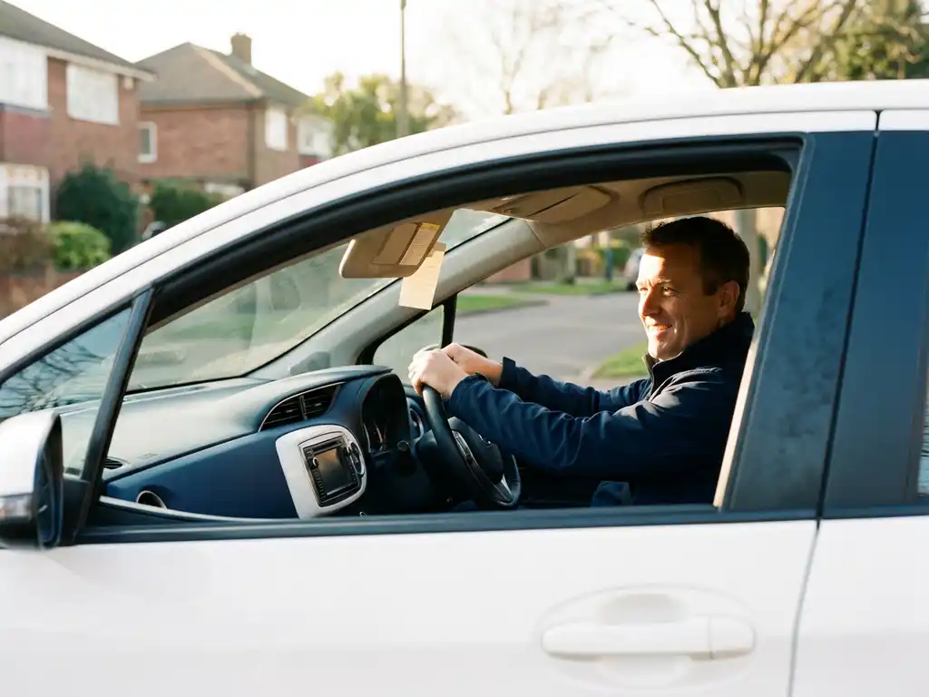 Rijinstructeur achter het stuur van een moderne lesauto met dubbele bediening op een rustige woonstraat in ochtendlicht.