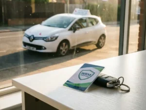 WRM-certificaat naast autosleutels op wit bureau, rijschoolauto zichtbaar door zonnig raam op de achtergrond.