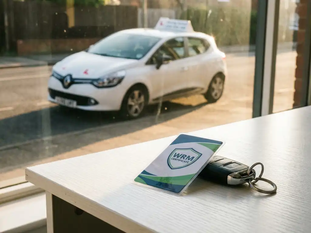 WRM-certificaat naast autosleutels op wit bureau, rijschoolauto zichtbaar door zonnig raam op de achtergrond.
