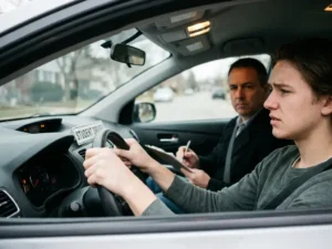 Nerveuze jonge bestuurder grijpt stuur vast tijdens praktijkexamen, examinator met klembord op bijrijdersstoel in lesauto.