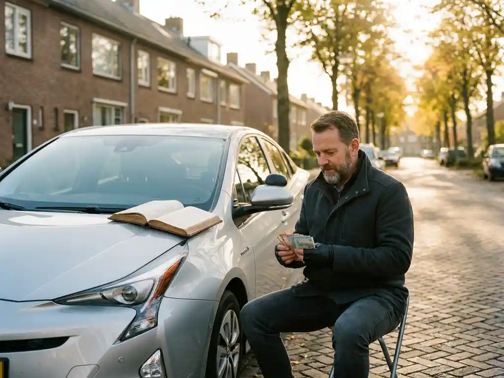 Rijinstructeur telt eurobiljetten naast een moderne lesauto met dubbele bediening op een Nederlandse woonstraat.