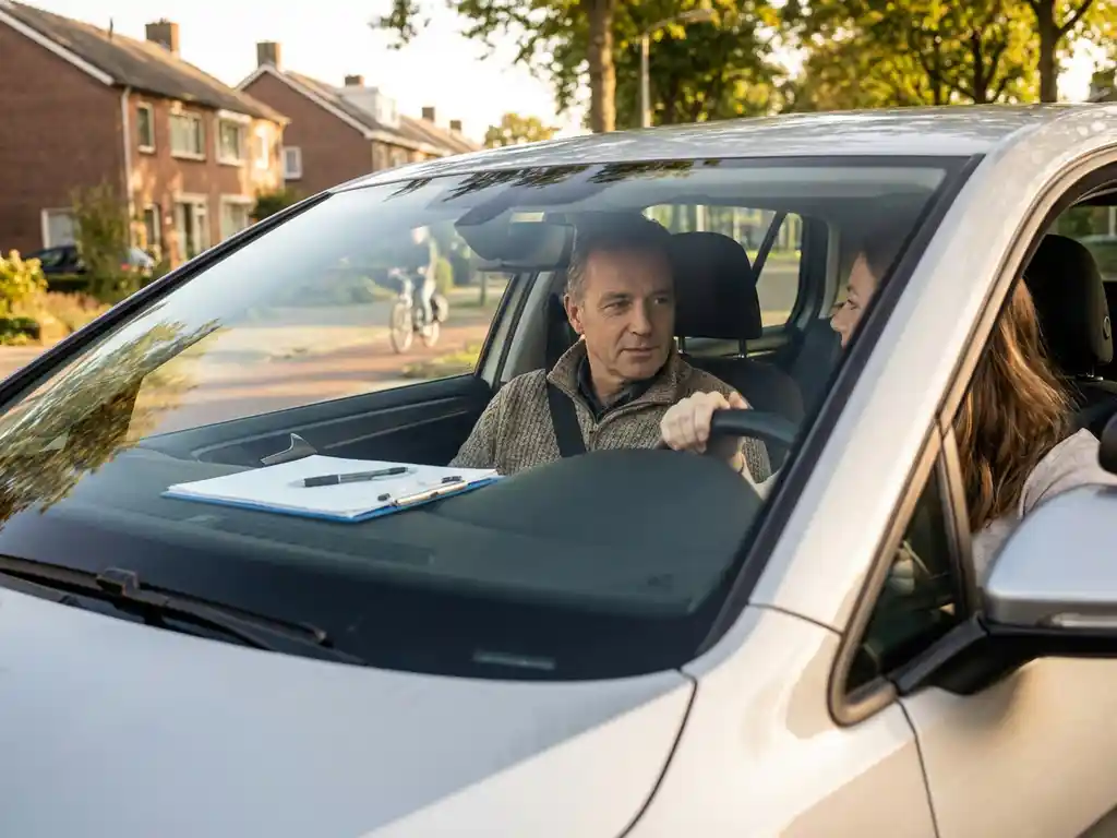 Rijinstructeur op passagiersstoel observeert leerling achter stuur in dual-control lesauto op Nederlandse voorstedelijke straat.