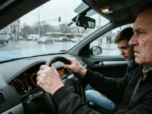 Rijinstructeur met gespannen handen aan het stuur naast nerveuze leerling bij druk stedelijk kruispunt op bewolkte middag.