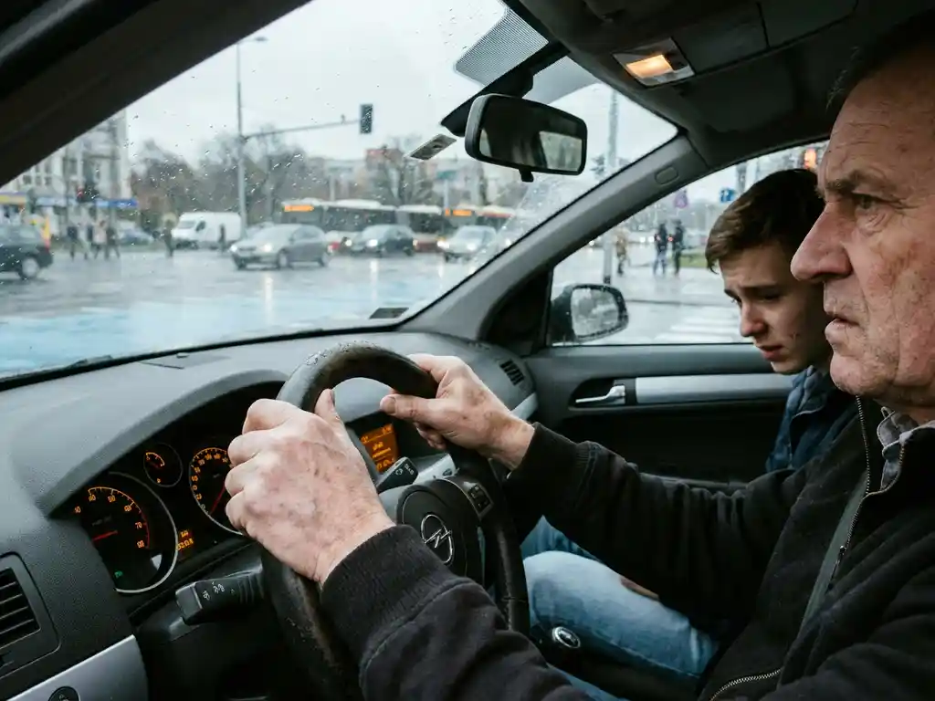 Rijinstructeur met gespannen handen aan het stuur naast nerveuze leerling bij druk stedelijk kruispunt op bewolkte middag.