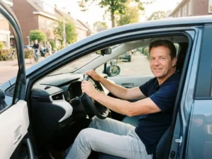 Rijinstructeur achter het stuur van een lesauto met dubbele bediening op een zonnige Nederlandse buitenwijk.