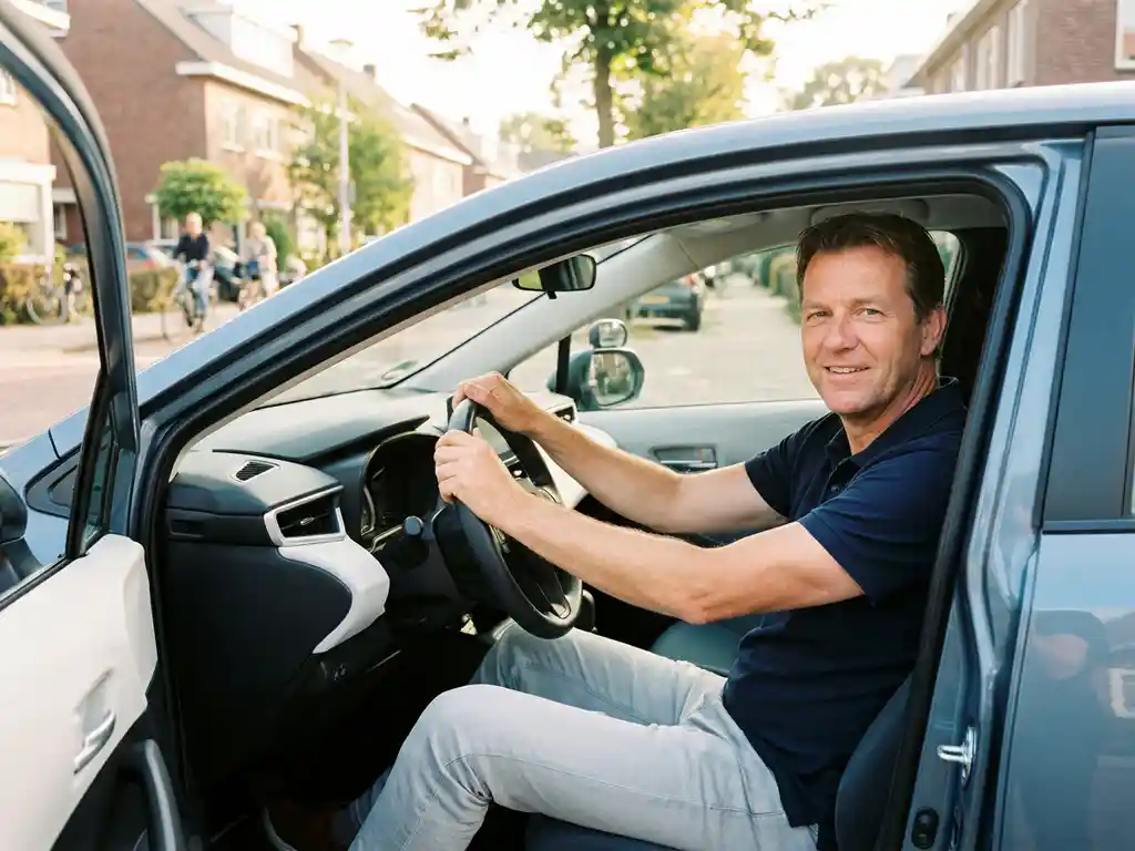 Rijinstructeur achter het stuur van een lesauto met dubbele bediening op een zonnige Nederlandse buitenwijk.