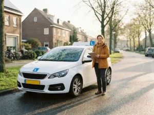 Rijinstructeur met klembord naast een dubbelbediening lesauto op een rustige Nederlandse woonstraat in ochtendlicht.