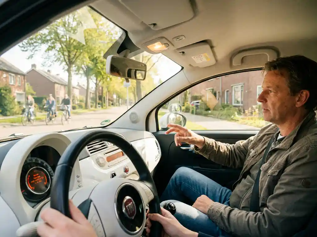 Rij-instructeur op de bijrijdersstoel van een dubbelbediening lesauto, wijzend naar de weg in een zonnige Nederlandse buitenwijk.