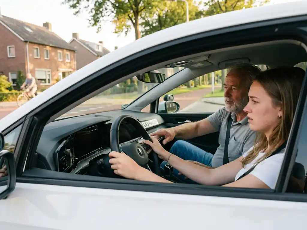 Rijinstructeur begeleidt nerveuze leerling achter het stuur in een lesauto op een rustige Nederlandse woonstraat, warm middaglicht.