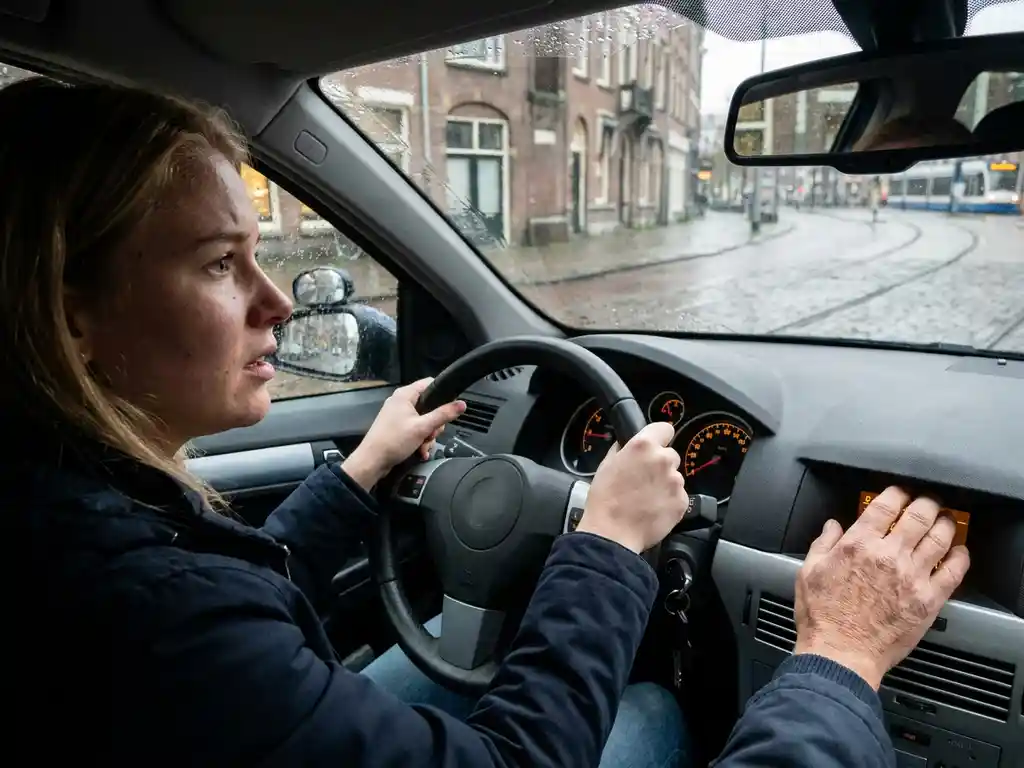 Nerveuze jonge bestuurder grijpt stuur vast in rijschoolauto met dubbele bediening, instructeur zichtbaar, regennat stadsstraatje door voorruit.