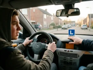 Nerveuze leerling-bestuurder grijpt stuur vast in rijschoolauto, instructeur zichtbaar op bijrijdersstoel, Nederlandse buitenwijk door voorruit.