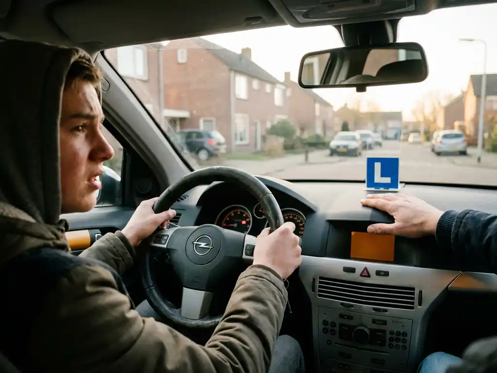 Nerveuze leerling-bestuurder grijpt stuur vast in rijschoolauto, instructeur zichtbaar op bijrijdersstoel, Nederlandse buitenwijk door voorruit.