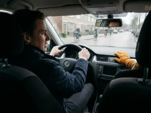 Nerveuze jongvolwassene achter het stuur van een rijschoolauto, instructeur zichtbaar op bijrijdersstoel, Nederlandse buitenwijk door de voorruit.