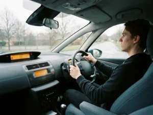 Nerveuze jongvolwassene met gespannen handen aan het stuur van een rijschoolauto, lege voorstedelijke weg zichtbaar door de voorruit.