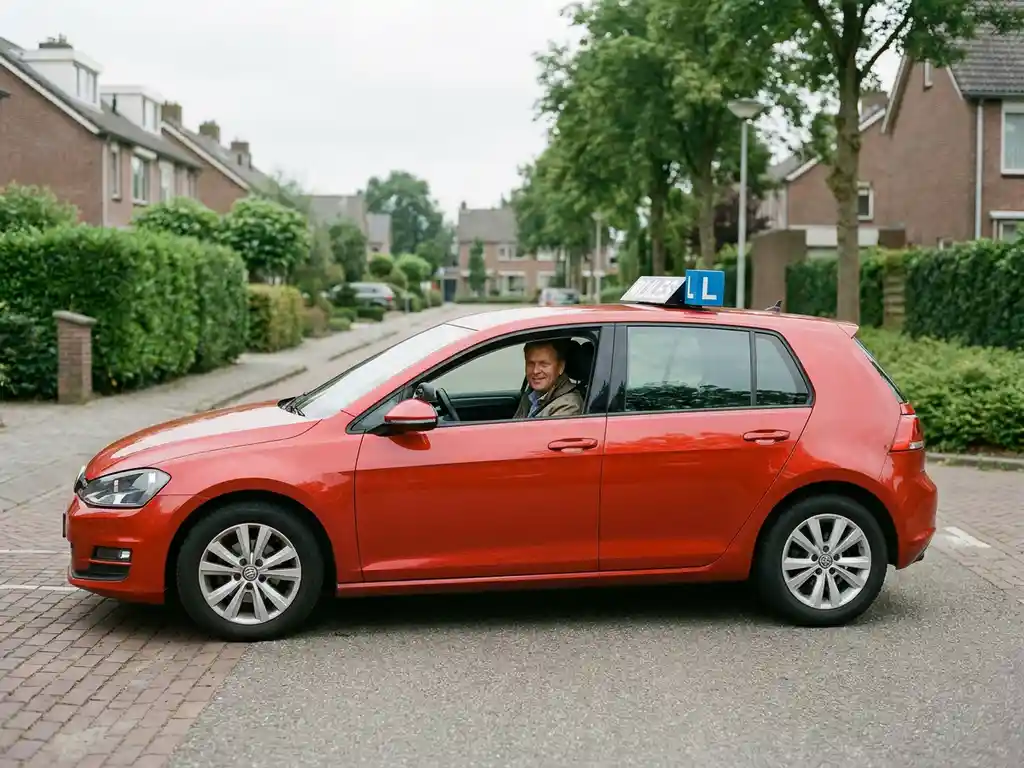 Rode rijschoolauto met L-bord op het dak geparkeerd in Nederlandse buitenwijk, rij-instructeur zichtbaar door het zijraam.