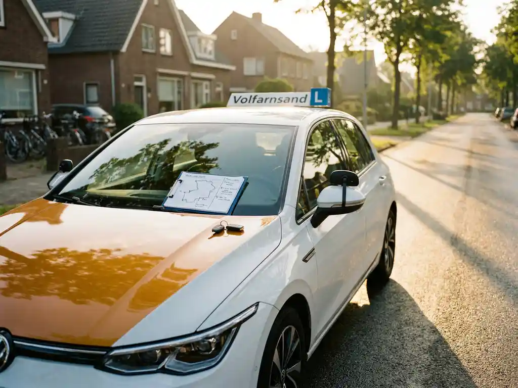 Rijschoolauto met dubbele bediening geparkeerd in Nederlandse woonwijk, met klembord en autosleutels op de motorkap in ochtendlicht.