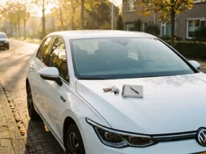 Nieuwe rijschoolauto geparkeerd in Nederlandse buitenwijk met autosleutels en notitieboekje op de motorkap, gouden ochtendlicht.