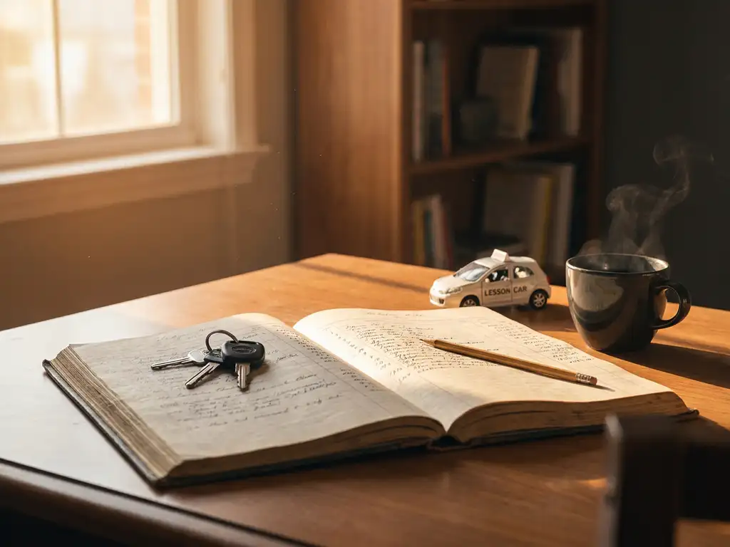 Bureau van een rijschoolinstructeur met opengeslagen kasboek, autosleutels, miniatuurlesauto en dampende koffie in warm goudkleurig licht.