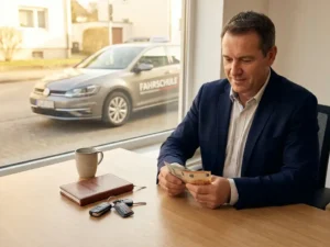 Rij-instructeur telt eurobiljetten aan bureau met autosleutels en kasboek, lesauto zichtbaar door zonnig raam op achtergrond.