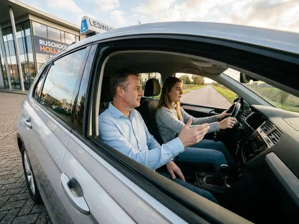 Rijinstructeur begeleidt leerling achter het stuur tijdens rijles in een moderne lesauto met dubbele bediening in Nederland.