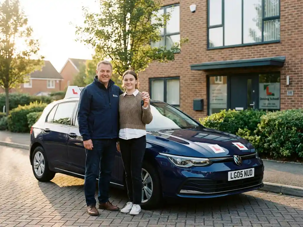 Rijinstructeur en leerling met autosleutels naast een dubbelbediening lesauto voor een Nederlandse rijschool in warm middaglicht.