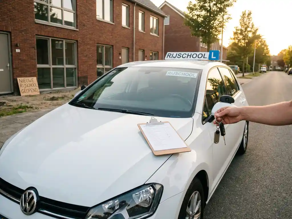 Rijinstructeur houdt autosleutels vast bij een lease-auto voor een nieuwe rijschool, met klembord op de motorkap in gouden ochtendlicht.