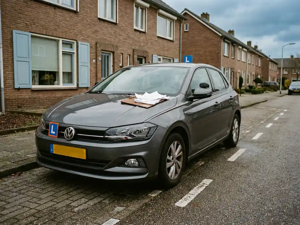 Nieuw rijschoolvoertuig met dubbele bediening scheef geparkeerd op rustige Nederlandse woonstraat, klembord op motorkap.