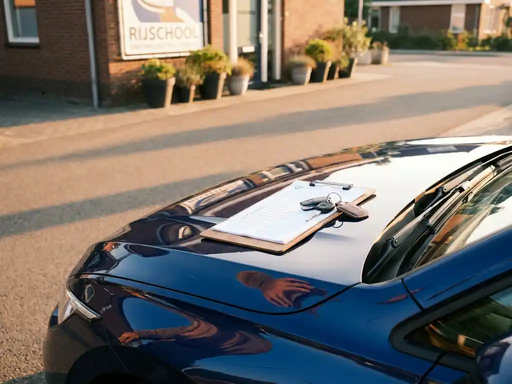 Dubbelbediening lesauto geparkeerd voor een Nederlandse rijschool met klembord en autosleutels op de motorkap in ochtendlicht.