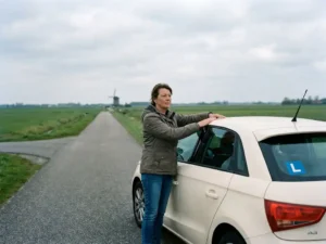 Nieuwe rijinstructeur leunt op dak van lesauto bij kruispunt op leeg polderweggetje, vlak groen landschap op de achtergrond.