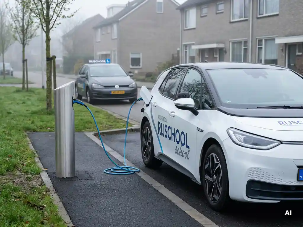 Elektrische rijschoolauto aangesloten op laadpaal in Nederlandse woonwijk, op de achtergrond een benzine lesauto.