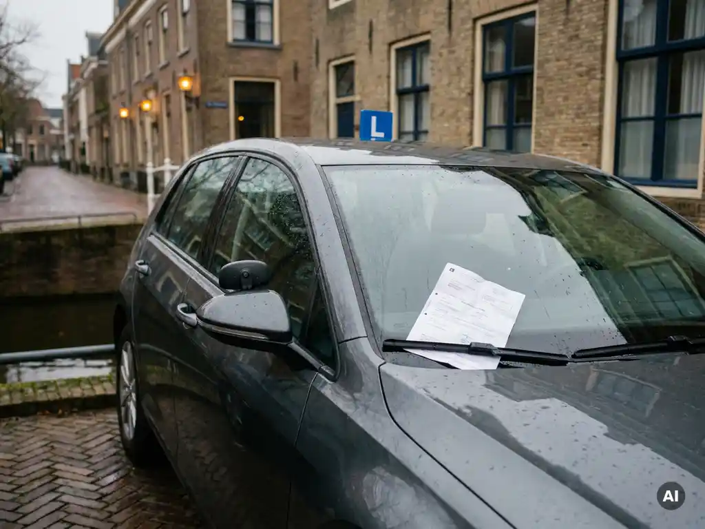 Financieel leasecontract onder de ruitenwisser van een rijschoolauto met dubbele pedalen op een Nederlandse straat.