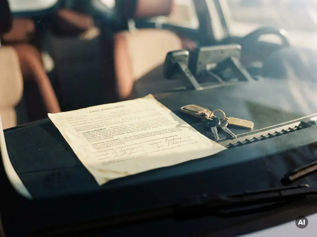 Ondertekend leasecontract op het dashboard van een auto met autosleutels ernaast, warm daglicht door de voorruit.