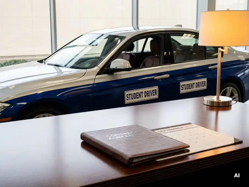 Dubbele bedieningsleerlingauto naast een contractmap op een dealerbureau, verlicht door warm amber licht met een 2027-kalender eronder.