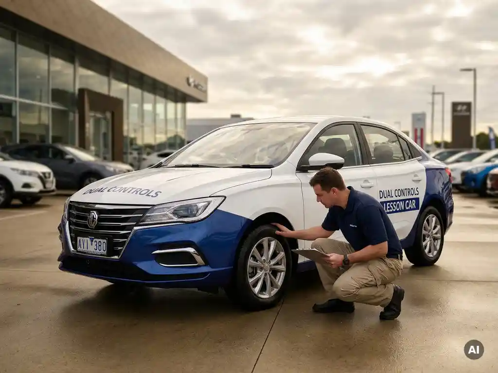 Technicus inspecteert een rijschoolauto met dubbele bediening op een autodealerterrein in Nederland.