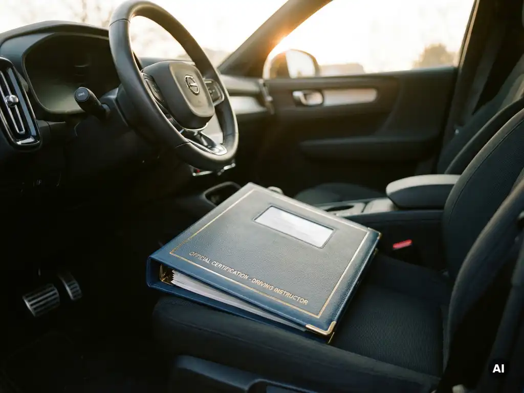 Rijinstructeur certificeringsmap op passagiersstoel van een lesauto met dubbele bediening, stuurwiel zichtbaar op achtergrond.