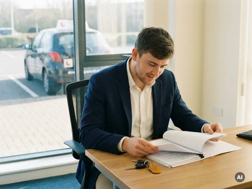 Jonge rij-instructeur bestudeert officiële documenten aan bureau, met autosleutels en lesauto met dubbele bediening zichtbaar op achtergrond.