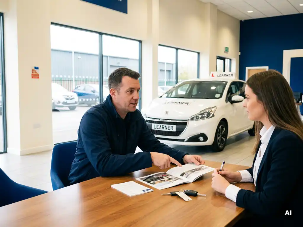 Rij-instructeur overlegt met leasingadviseur aan dealerbalie, autosleutels en leasecontract op tafel, lesauto zichtbaar op achtergrond.