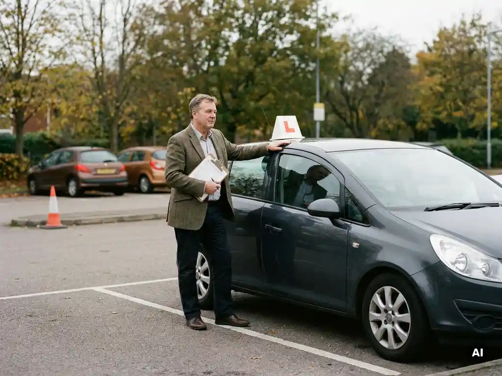Rijinstructeur leunt ontspannen naast een moderne lesauto met dubbele bediening op een rustig parkeerterrein.