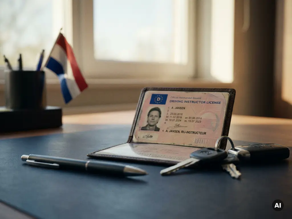 Officieel rijinstructeursdiploma met pen en autosleutels op bureau, Nederlandse vlag op achtergrond.