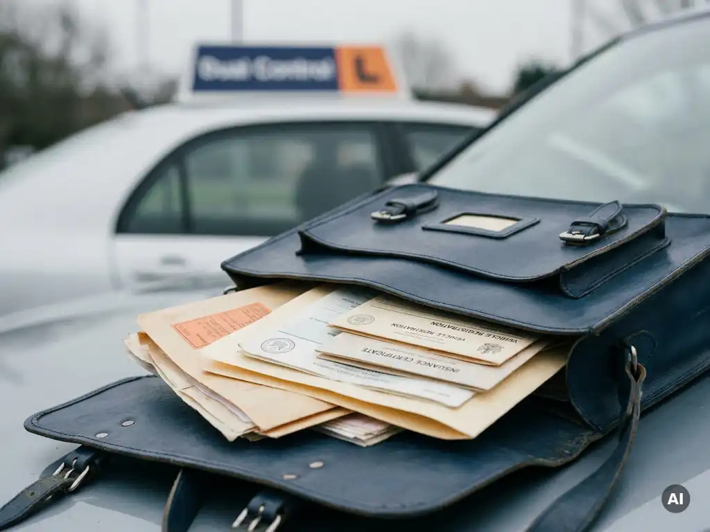 Open leren rijschooltas op motorhap met verzekeringsdocumenten en kentekenbewijs, lesauto zichtbaar op achtergrond.