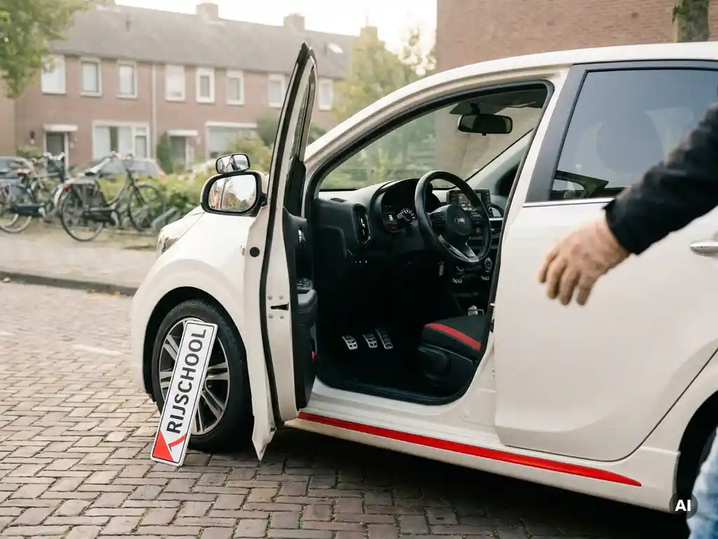 Compacte hatchback met dubbele rempedalen en rijschoolbord tegen de voorband, geparkeerd in Nederlandse woonwijk.