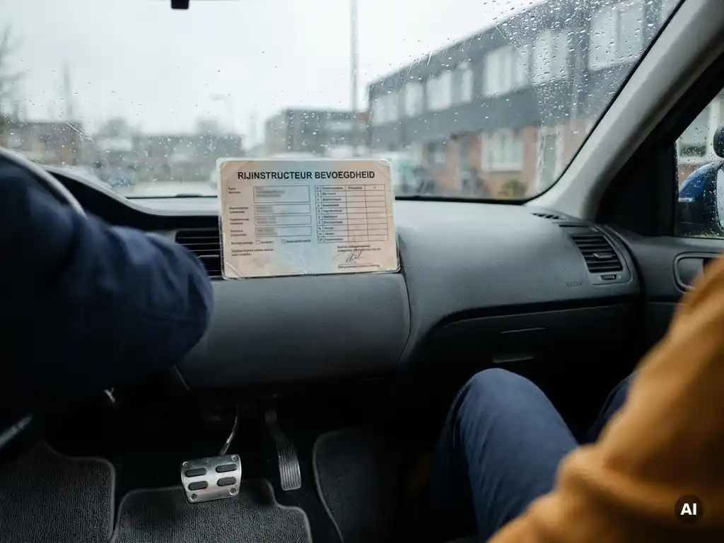 Gelamineerde certificeringskaart op het dashboard van een Nederlandse rijschoolinstructeur, met dubbele rempedaal en regennat voorruit.