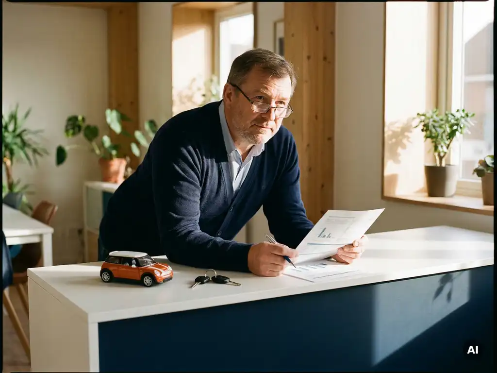 Rij-instructeur bestudeert informatiefolder aan modern bureau met autosleutels en schaalmodel lesauto, warm natuurlijk licht.