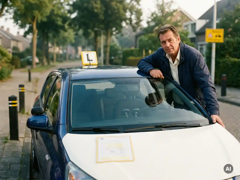 Rijinstructeur leunt tegen een dual-control lesauto in een rustige woonstraat, met een certificeringsdocument op de motorkap.