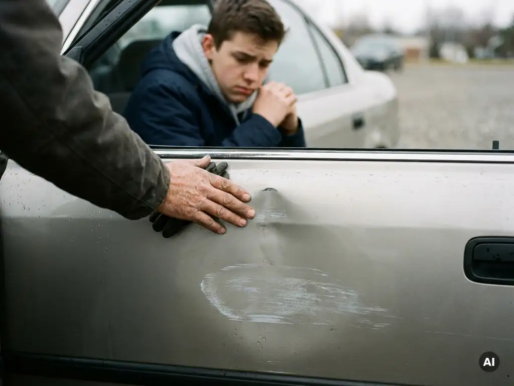 Rij-instructeur legt hand op gedeukte autodeur op parkeerplaats, leerling op de achtergrond ziet er verontschuldigend uit.