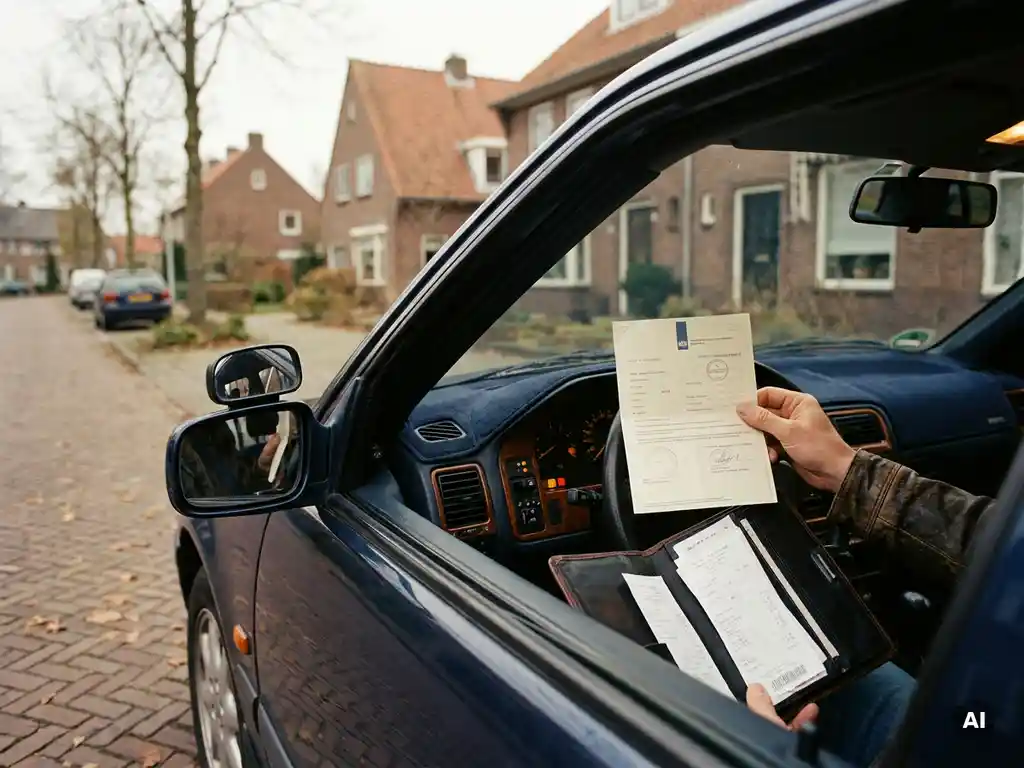 Rij-instructeur houdt officieel document naast dubbele pedalen lesauto op Nederlandse woonstraat, leren organizer op dashboard.
