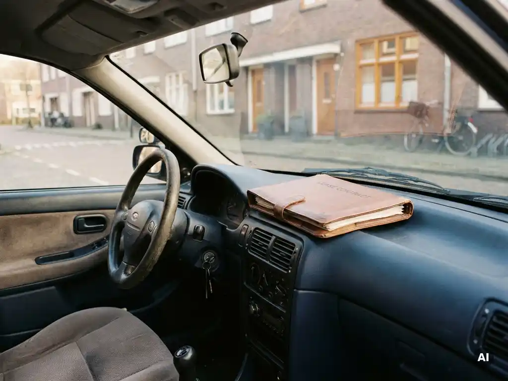 Rijschoolauto geparkeerd in rustige Nederlandse woonwijk met leasecontract op dashboard, zacht ochtendlicht door voorruit.