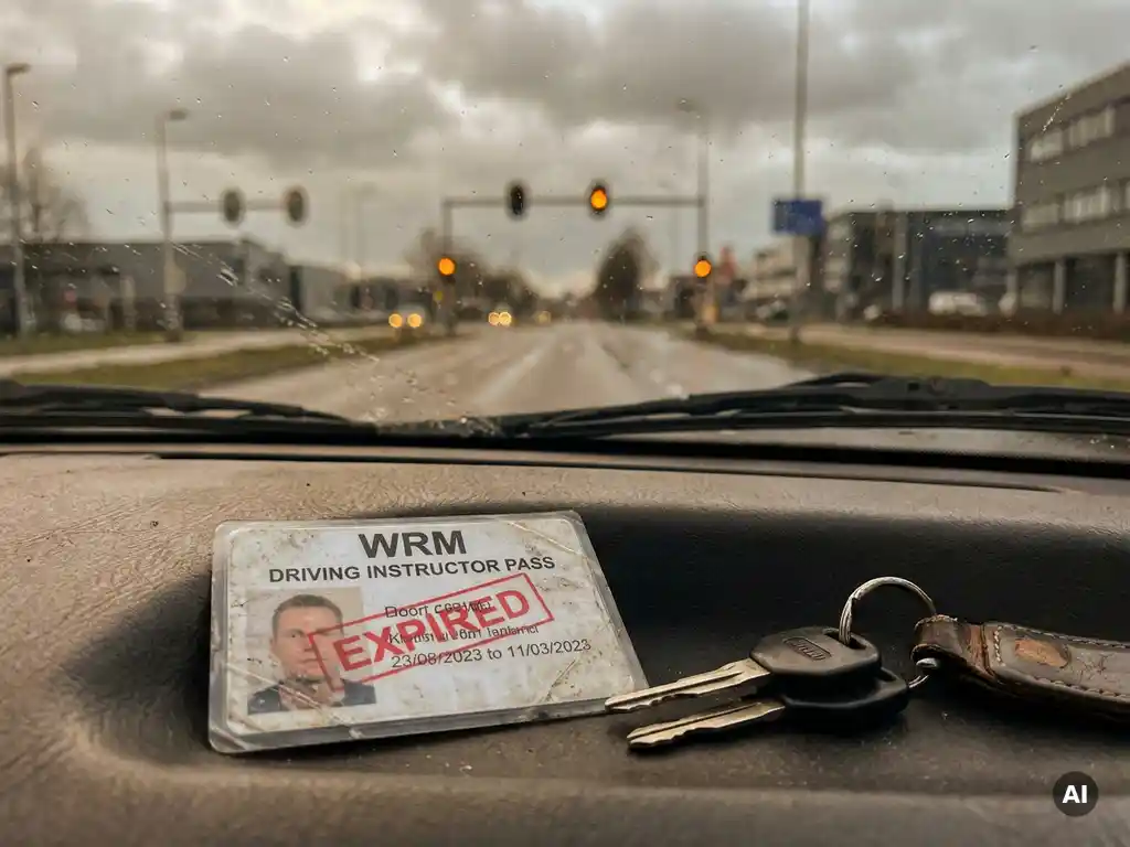 Verlopen WRM rij-instructeurspas op autodashboard naast autosleutels, met wazige Nederlandse weg zichtbaar door de voorruit.