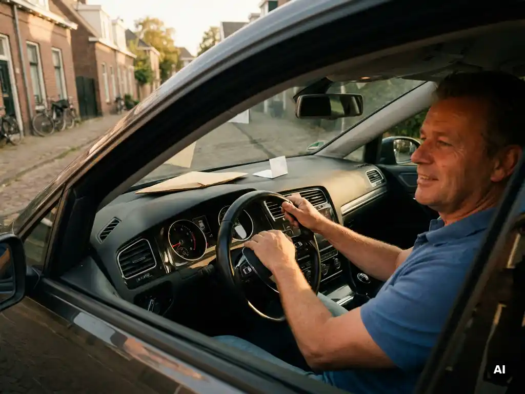 Rijinstructeur ontspannen in een moderne lesauto met dubbele bediening op een rustige Nederlandse woonstraat, loonstrookje op het dashboard.